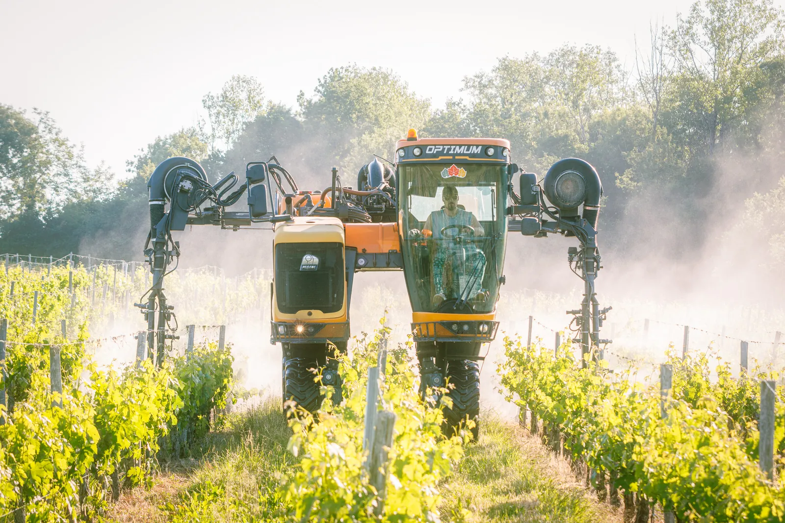 Pulvérisateur Pellenc Optimum de Laurent Giraud en plein traitement de la vigne, brume de pulvérisation dans les rangs