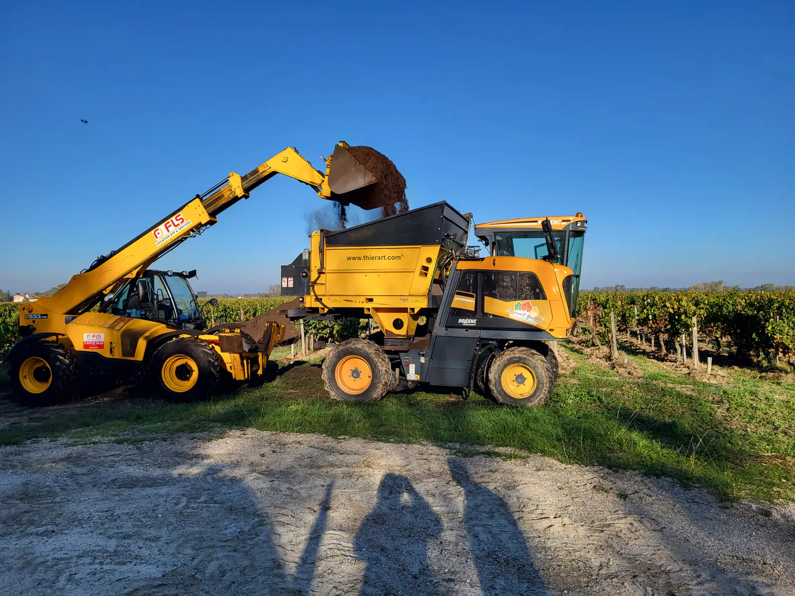 Chargement d'un épandeur viticole au télescopique pour l'apport d'amendement organique dans les vignes à l'automne